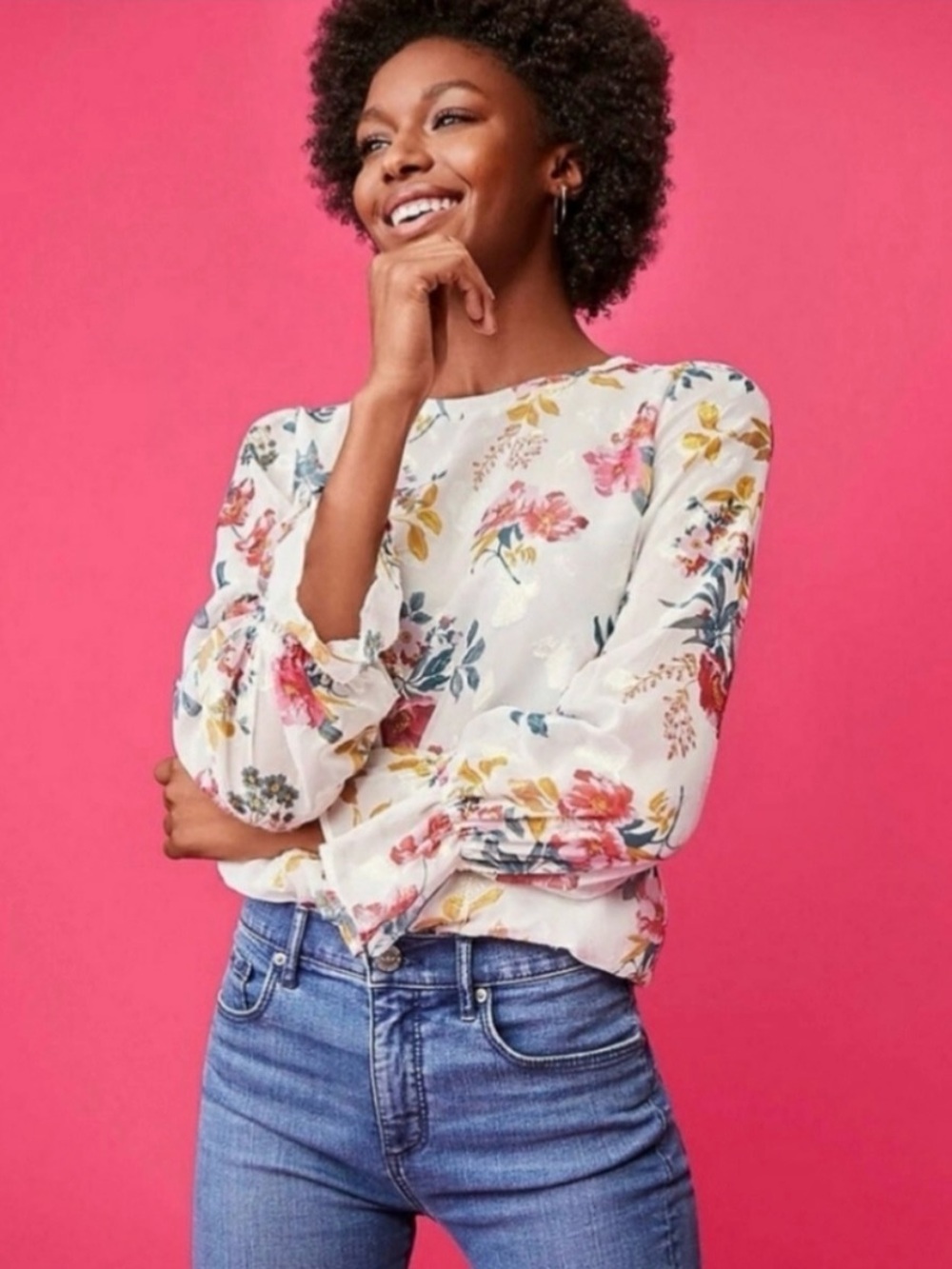 LOFT Cream Floral Long-Sleeve Blouse with Pink & Yellow Flowers